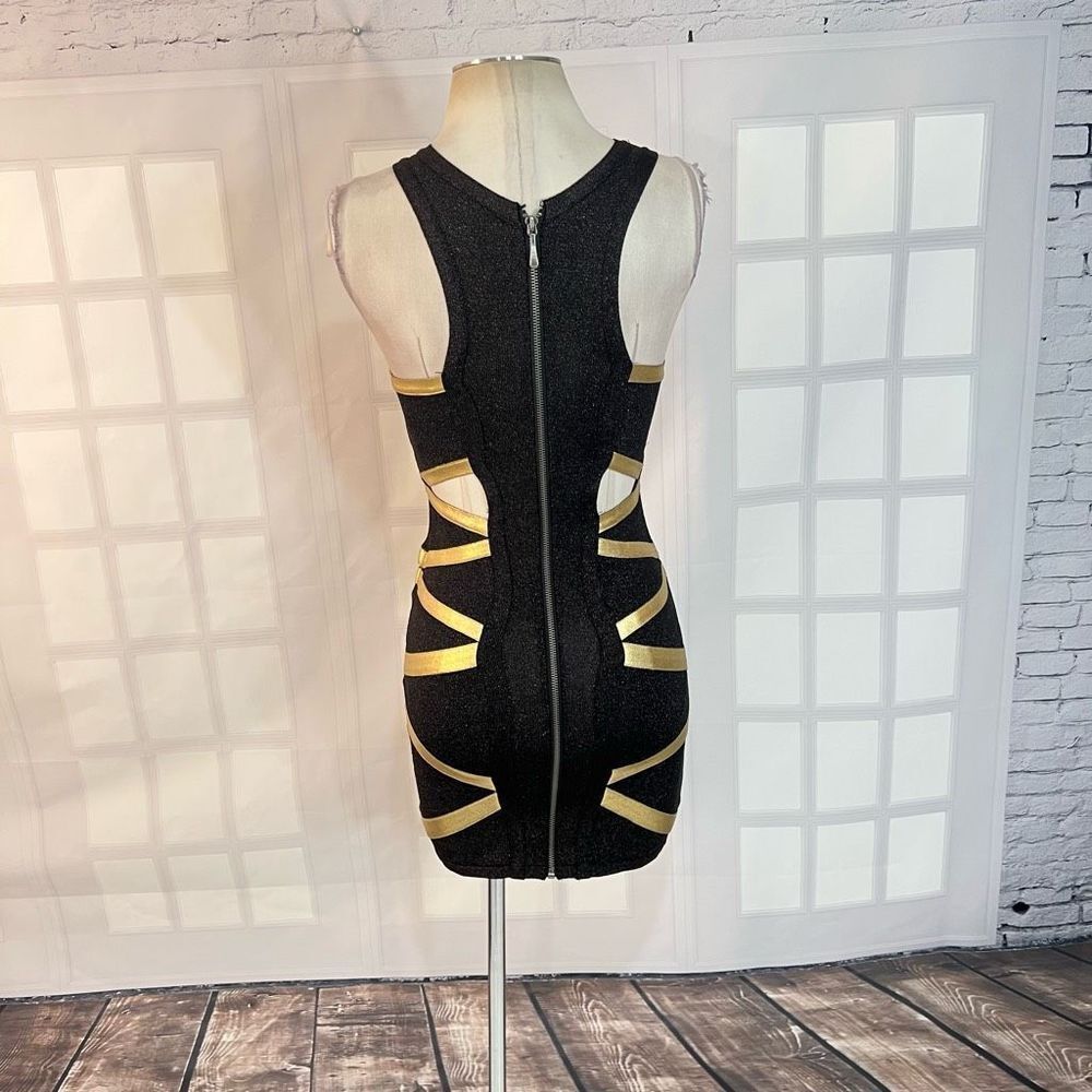 Bebe Addiction Cut Out Gold Metallic Bandage Bodycon Black Mini Dress Size S - Picture 5 of 10